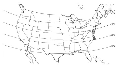 Map of the USA showing latitude lines for northern lights visibility