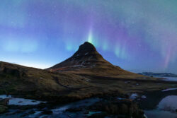 Iconic Kirkufell Mountain at dusk with faint aurora beam from peak #1 dsc 4447